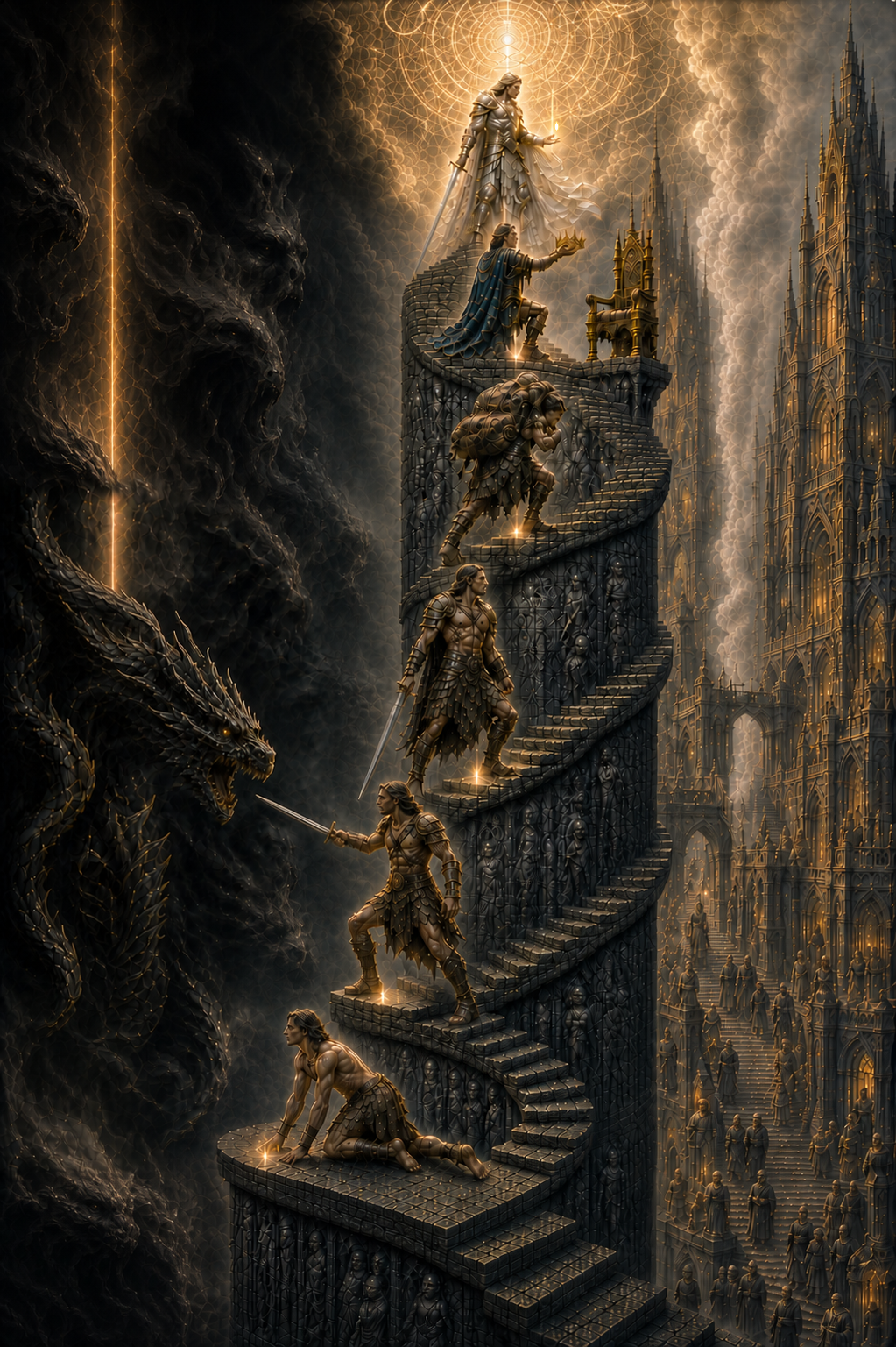 Escada em espiral que sobe de um homem ajoelhado, passando por guerreiros e um rei, até um cavaleiro iluminado; um dragão na escuridão à esquerda, uma cidade gótica à direita.